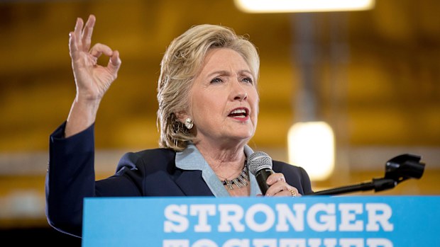 Democratic presidential candidate Hillary Clinton speaks at a rally at Goodyear Hall and Theater in Akron, Ohio. (AAP)