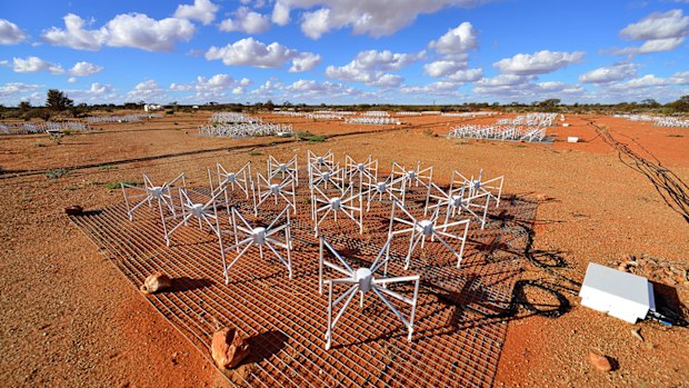 Antennas from the MWA telescope, on Wajarri Country in Western Australia
