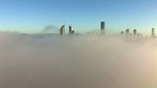 A thick layer of fog has shrouded the Brisbane skyline.