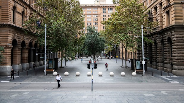 Martin Place and Quiet streets in the CBD.  To prevent contracting coronavirus people who are not essential services are working from home. Sydney. Coronavirus, Covid-19 Pandemic. 
