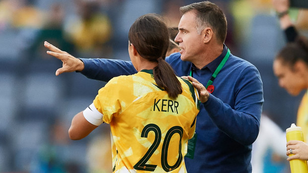 Coach of Australia, Ante Milicic, speaks with Sam Kerr 