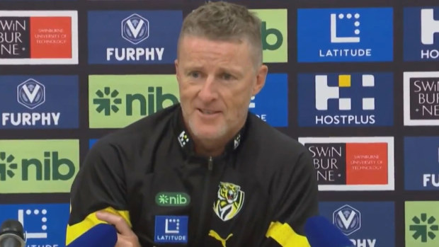 Richmond coach Damien Hardwick took offence to being asked about Tom Lynch's bump on Alex Keath