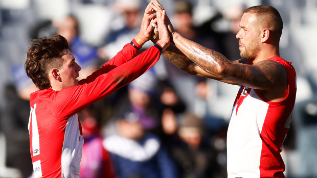 Errol Gulden of the Swans (L) celebrates a goal with Lance Franklin of the Swans during round 16