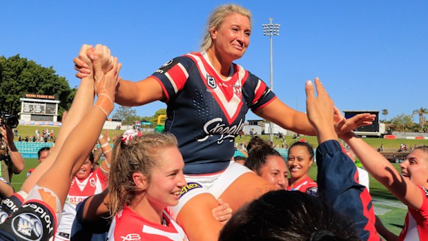 Retiring Roosters player Ruan Sims is chaired off after her final NRLW game