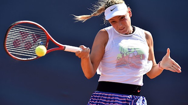 Donna Vekic of Croatia returns a shot against Arantxa Rus of Netherlands at the Palermo Ladies Open.