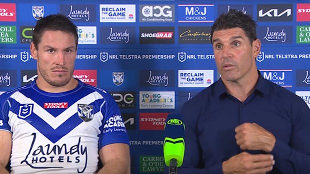 Trent Barrett speaks alongside skipper Josh Jackson after the game.