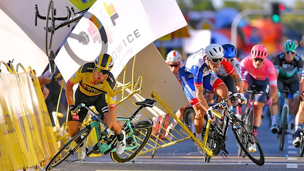 Dylan Groenewegen of The Netherlands and Team Jumbo - Visma / Fabio Jakobsen of The Netherlands and Team Deceuninck - Quick-Step / Marc Sarreau of France and Team Groupama - FDJ 