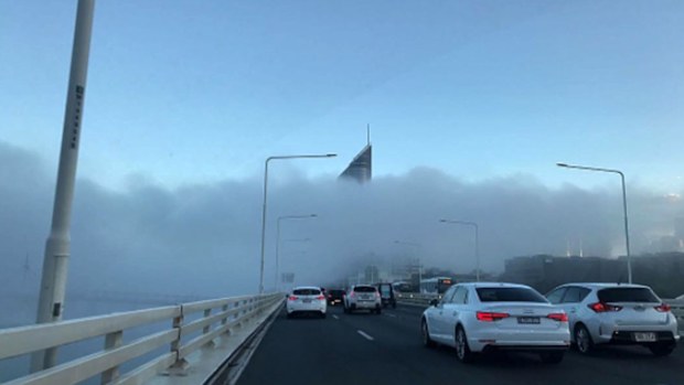 Heavy fog obstructs a view of Brisbane's CBD. (Instagram/riotrose666)