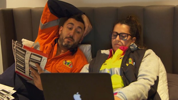 Sarah and George in their bedroom planning for their takeoff on The Block 2020