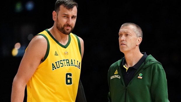 Andrew Bogut of Australia talks with Coach Andrej Lemanis 