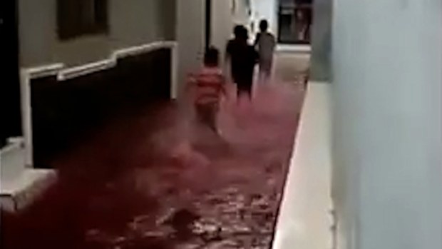 People walk through surreal blood-red waters.
