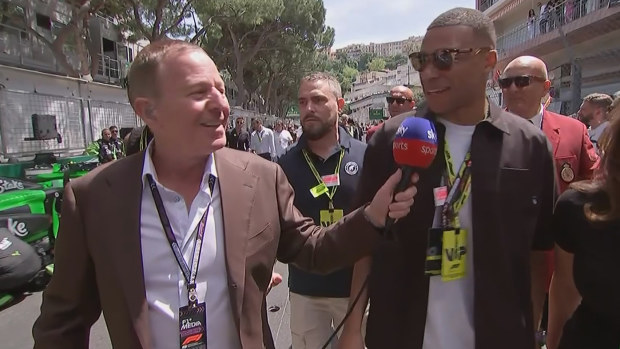 Martin Brundle speaking to Kylian Mbappe on the grid ahead of the Monaco Grand Prix.