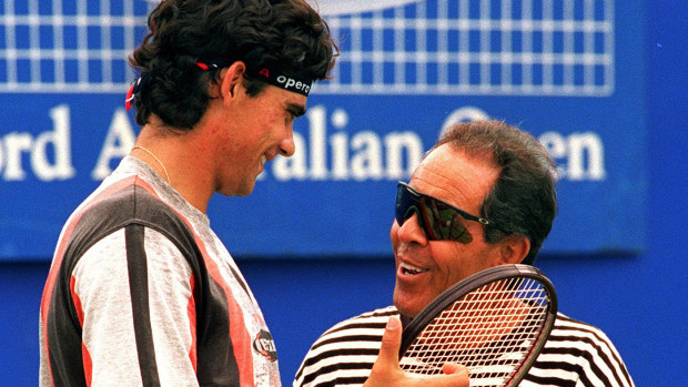 Mark Philippoussis with coach Nick Bollettieri at the 1996 Australian Open.