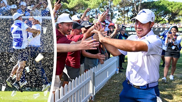 Chase Koepka celebrates with the crowd after hitting a hole in one during the third round of the LIV Golf event in Adelaide.