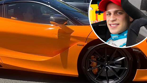 Oscar Piastri at the wheel of a McLaren road car and (inset) his best friend Christian Pancione.