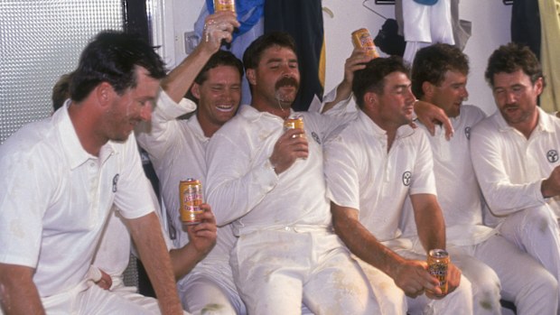 Australian players celebrate their victory in the first Test of the 1989 Ashes series.