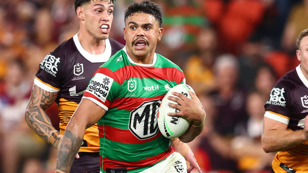 Latrell Mitchell makes a linebreak against the Broncos in their round two clash in 2024.