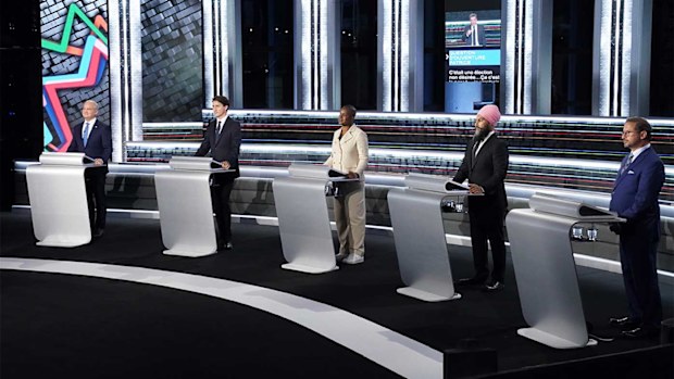 Conservative leader Erin O'Toole, Liberal leader Justin Trudeau, Green leader Annammie Paul, New Democratic Party leader Jagmeet Singh and Bloc leader Yves-Francois Blanchet during a French language election debate.