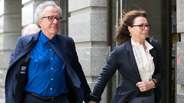 Geoffrey Rush and wife Janie Barrett Jane Menelaus, leave the Supreme Court in November 2018 (Photo: Janie Barrett).