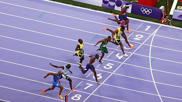 The photo finish of the Paris 2024 men's 100m final.
