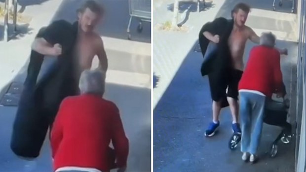 CCTV has captured the moment a shirtless man allegedly knocked an elderly woman unconscious outside a Melbourne shopping centre. 