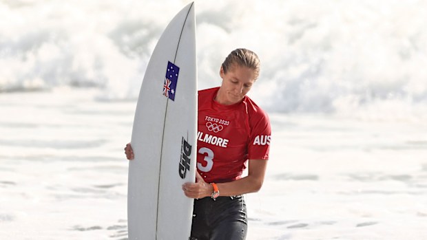 Stephanie Gilmore of Team Australia reacts after losing her Women's Round 3 heat