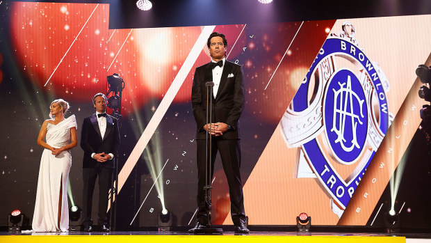 AFL CEO Gillon McLachlan makes a speech at the 2022 Brownlow Medal ceremony