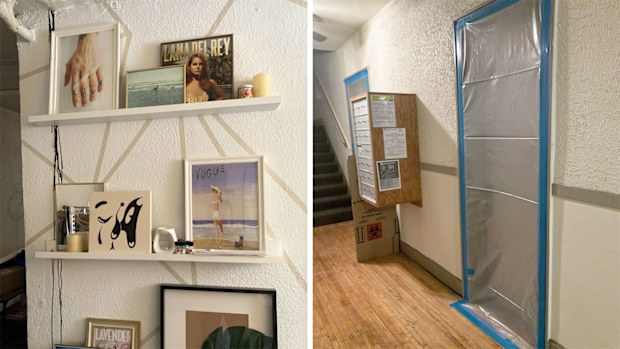 Photos posted by AJ McCrady, which he said showed the leak in his apartment and the door of his neighbour's sealed off apartment.