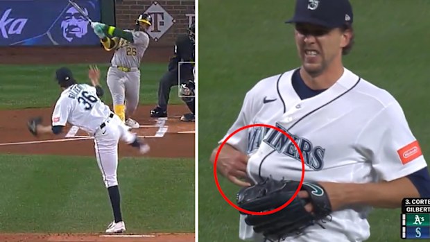 Seattle Mariners pitcher Logan Gilbert had a lucky escape after a pounded line drive became lodged in his shirt.