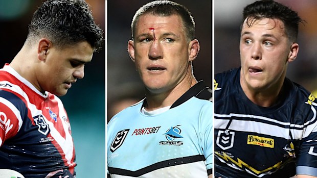 Latrell Mitchell, former Sharks skipper Paul Gallen and Scott Drinkwater