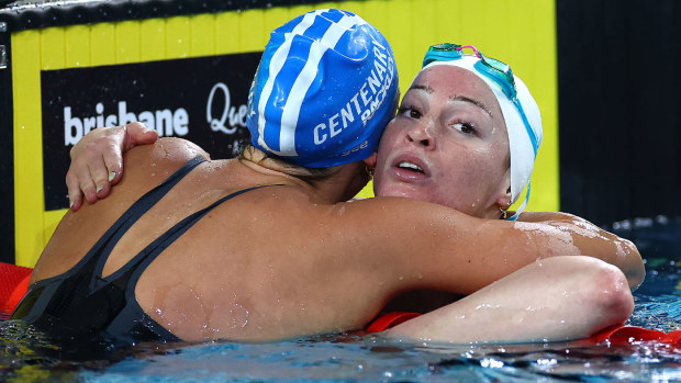 Meg Harris and Mollie O'Callaghan (right) embrace at the trials.
