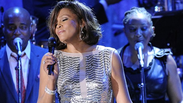 Whitney Houston performs at the pre-Grammy gala & salute to industry icons with Clive Davis honoring David Geffen in Beverly Hills, California on Feb 13, 2011