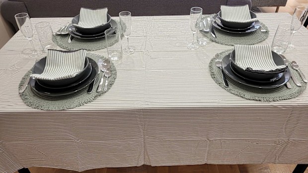 Kmart table setting, dinnerware charcoal stripe tablecloth