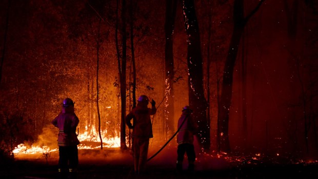 A Rural Fire Service (RFS) firefighter conducts mopping up near the town of Sussex Inlet on December 31, 2019 in Sydney, Australia.