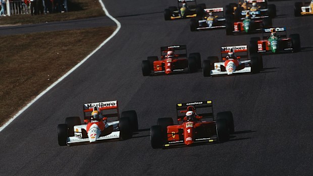The start of the 1990 Japanese Grand Prix, with Ayrton Senna (left) challenging Alain Prost.