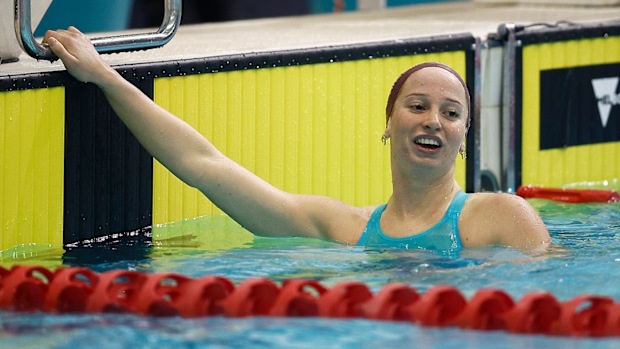 Mollie O'Callaghan reacts after winning the women's 200m freestyle final at the Australian 2023 World Swimming Championship Trials.