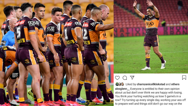 The under-fire Broncos (left) and captain Alex Glenn's Instagram post (right).