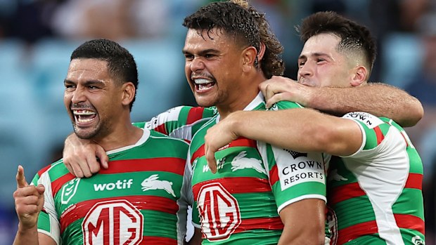 From left: Cody Walker, Latrell Mitchell and Lachlan Ilias.