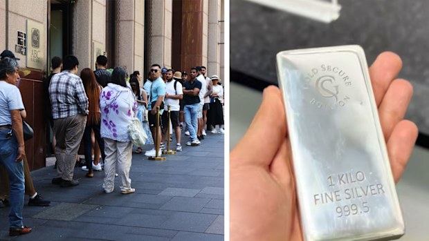 People queue up outside the ABC Bullion store in Sydney's Martin Place in January 2026. And (at right) a 1kg bar of silver.