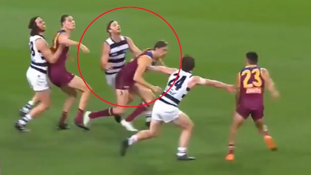 Joe Daniher falls forward in a mark contest