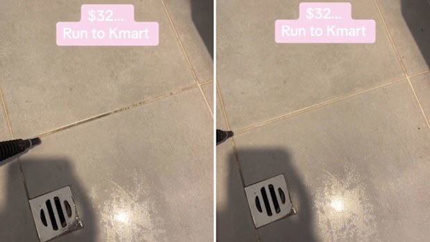A Kmart handheld steamer cleans dirty grout.