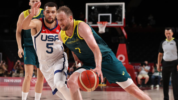 Joe Ingles #7 of Team Australia\\ drives to the basket against Zachary Lavine #5 of Team United States during the first half of a Men's Basketball quarterfinals game on day thirteen of the Tokyo 2020 Olympic Games at Saitama Super Arena on August 05, 2021 in Saitama, Japan. (Photo by Kevin C. Cox/Getty Images)