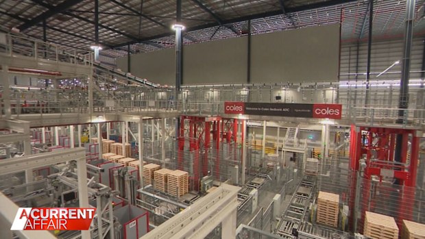 Stretching 35 metres high, the enormous Coles warehouse is laden with supermarket essentials.