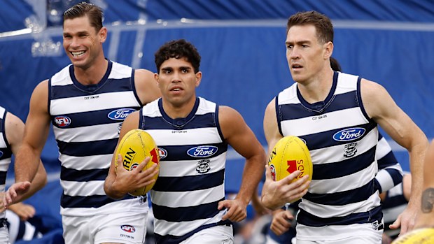 Tom Hawkins (L), Tyson Stengle (C) and Jeremy Cameron (R) have formed a lethal forward trio this year