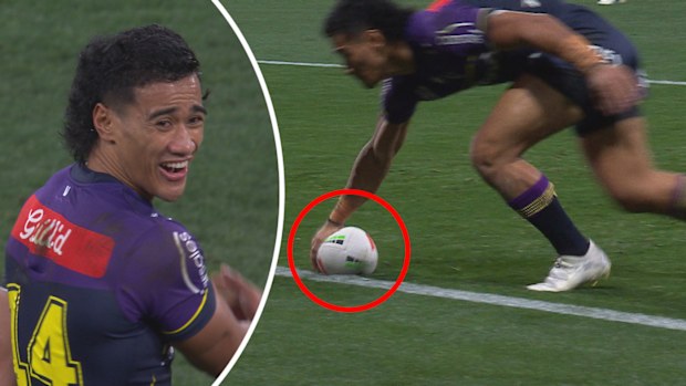 Sua Faalogo looked shocked to have been awarded a try despite the ball appearing to have touched the dead-ball line.