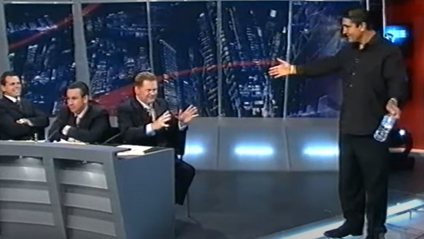 Fenech (R) and Vautin pictured together during a skit on the Footy Show
