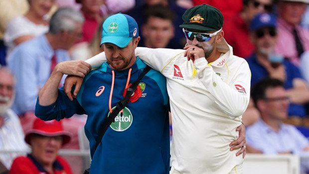 Nathan Lyon cut a shattered figure after he was forced off the ground with a calf injury