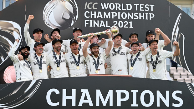 New Zealand players celebrate their victory in the World Test Championship final over India.