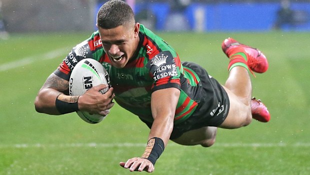 Dane Gagai of the Rabbitohs scores a try 