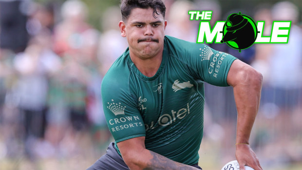 Latrell Mitchell runs through a drill at Rabbitohs training.